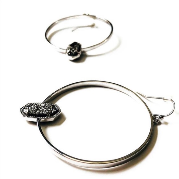 Kendra Scott Silver Elora Hoop Earrings with Platinum Drusy - Picture 2 of 4